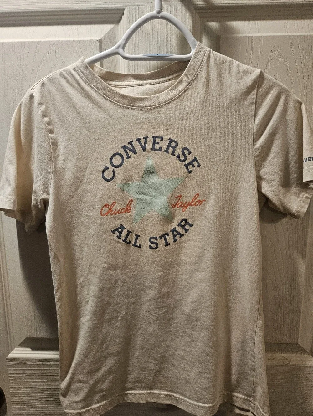 Converse Cream Tee with Blue Logo, Mint Star & Orange Script - Youth Large